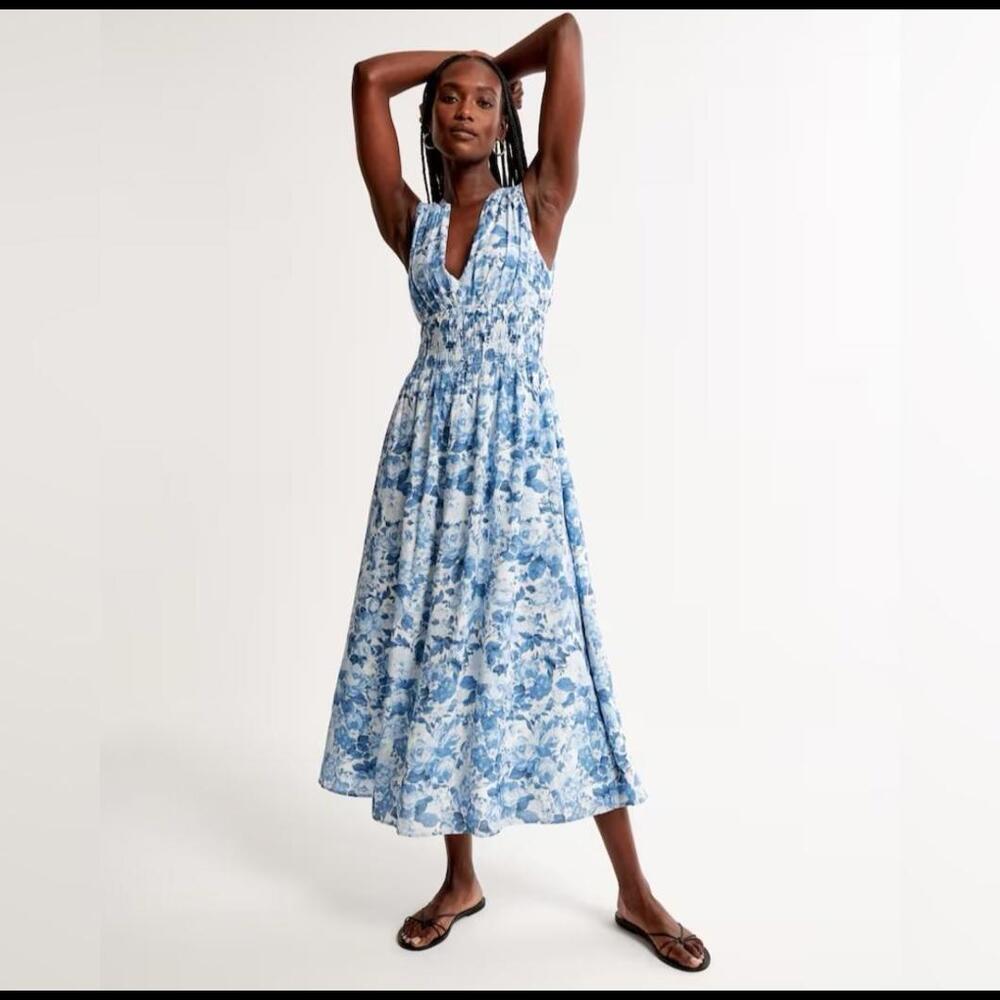 Abercrombie & Fitch Emerson Poplin Blue & White Floral Midi Dress, size MT